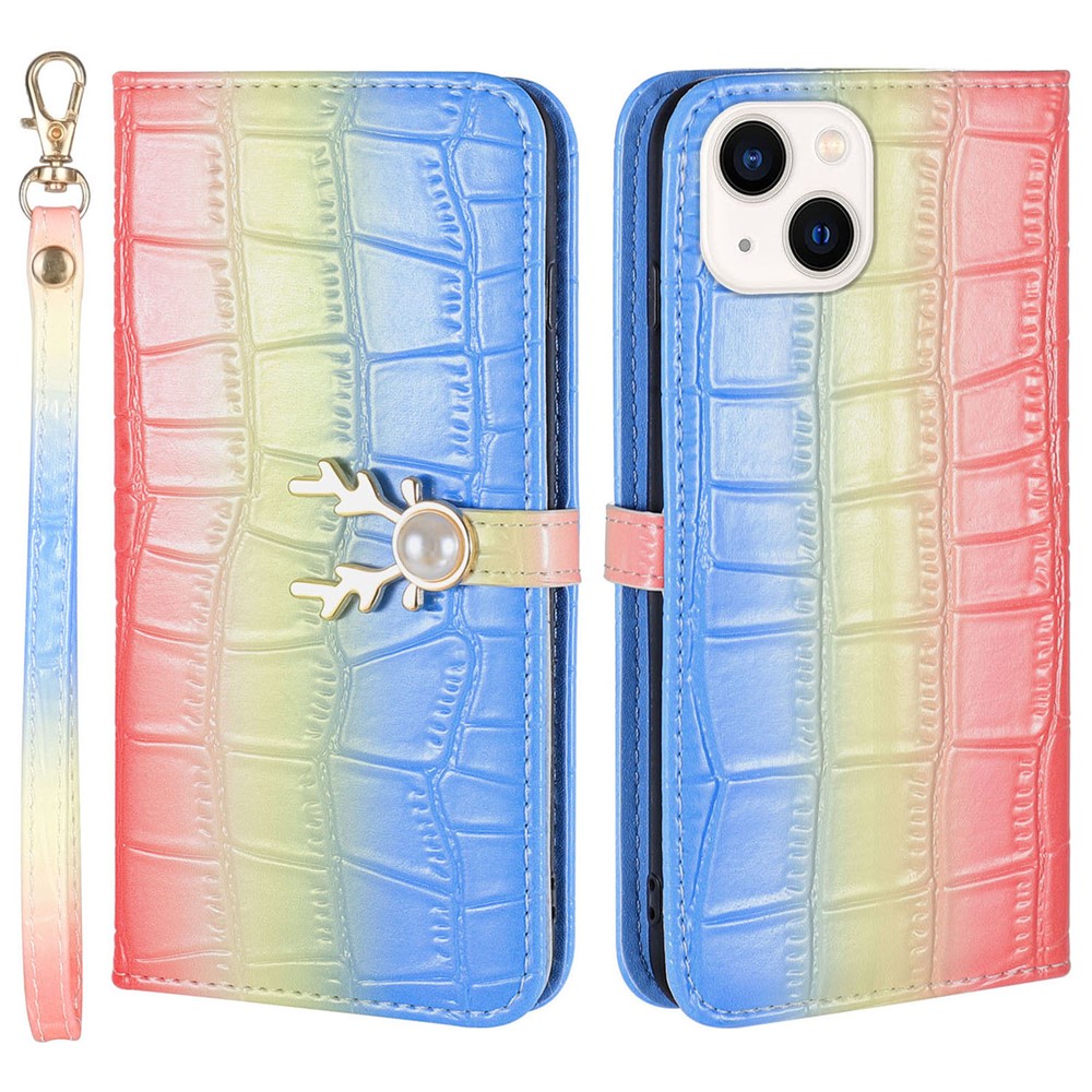 For iPhone 14 Plus Wallet Case Gradient Crocodile Texture Protective Phone Cover - Blue