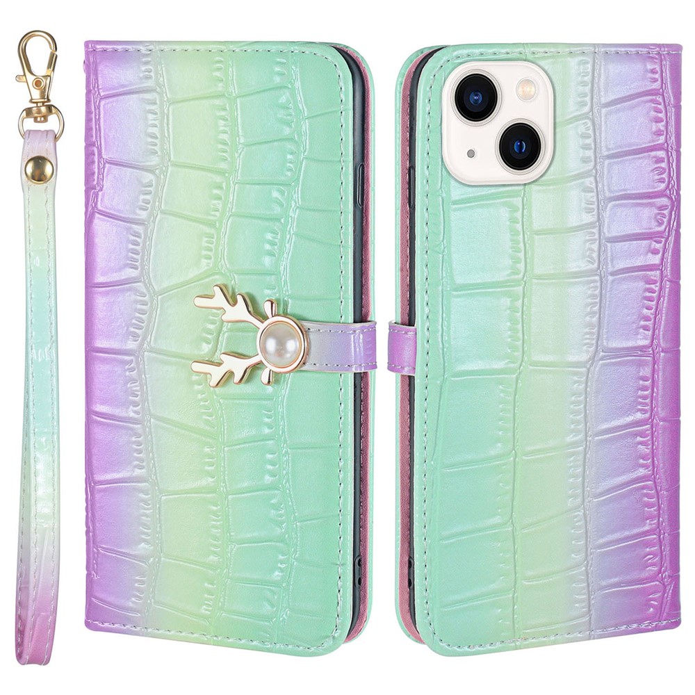 For iPhone 14 Plus Wallet Case Gradient Crocodile Texture Protective Phone Cover - Mint Green