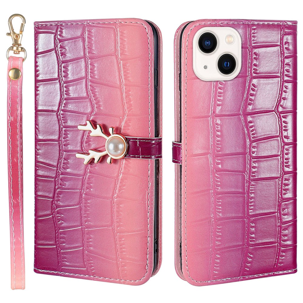 For iPhone 14 Plus Wallet Case Gradient Crocodile Texture Protective Phone Cover - Pink