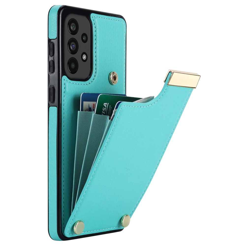 For Samsung Galaxy A73 5G Cover Hardware Decor Card Bag Shockproof TPU+Leather Cell Phone Case - Mint Green