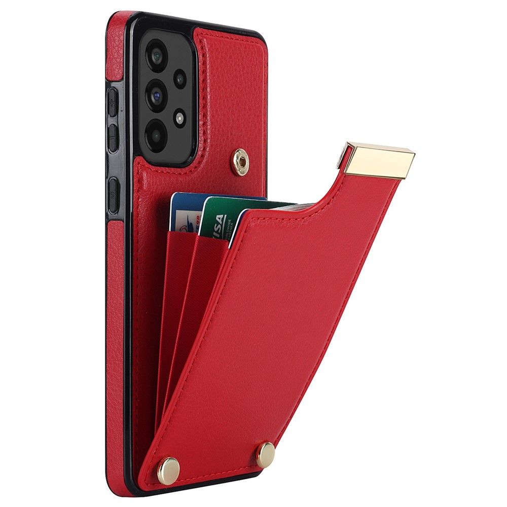 For Samsung Galaxy A73 5G Cover Hardware Decor Card Bag Shockproof TPU+Leather Cell Phone Case - Red