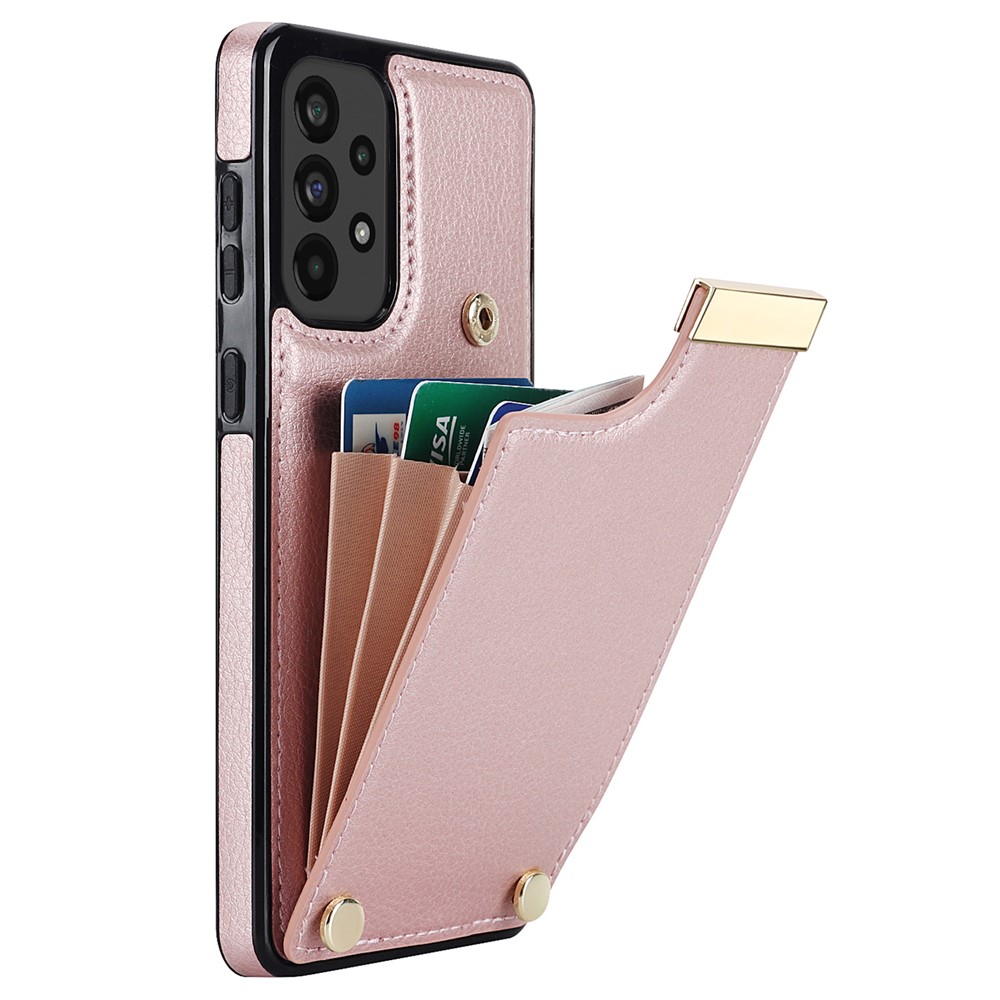 For Samsung Galaxy A73 5G Cover Hardware Decor Card Bag Shockproof TPU+Leather Cell Phone Case - Rose Gold