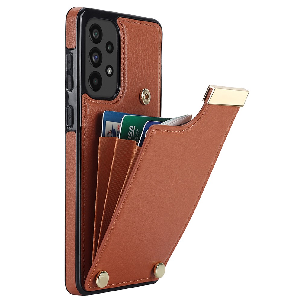 For Samsung Galaxy A73 5G Cover Hardware Decor Card Bag Shockproof TPU+Leather Cell Phone Case - Brown