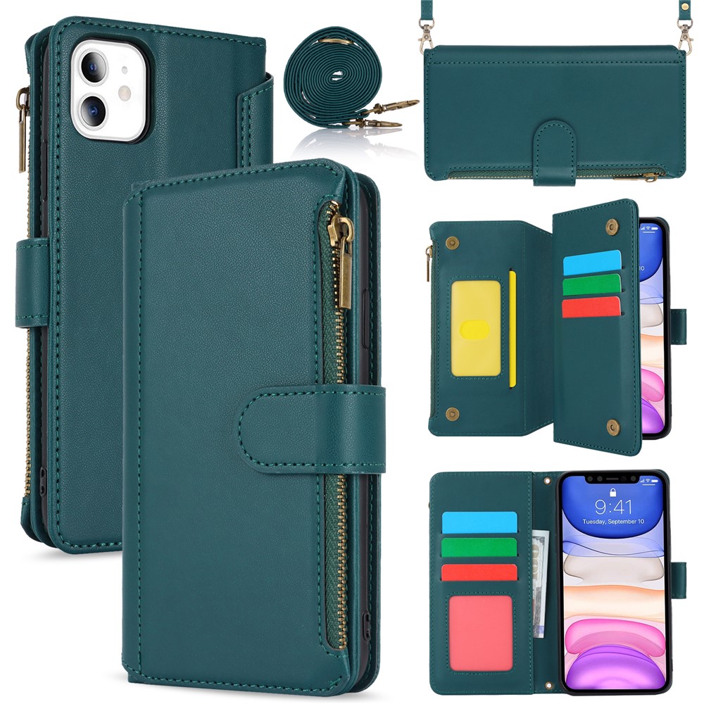 Cell Phone Case for iPhone 11 Card Slots PU Leather Cover with Zipper Pocket - Blue