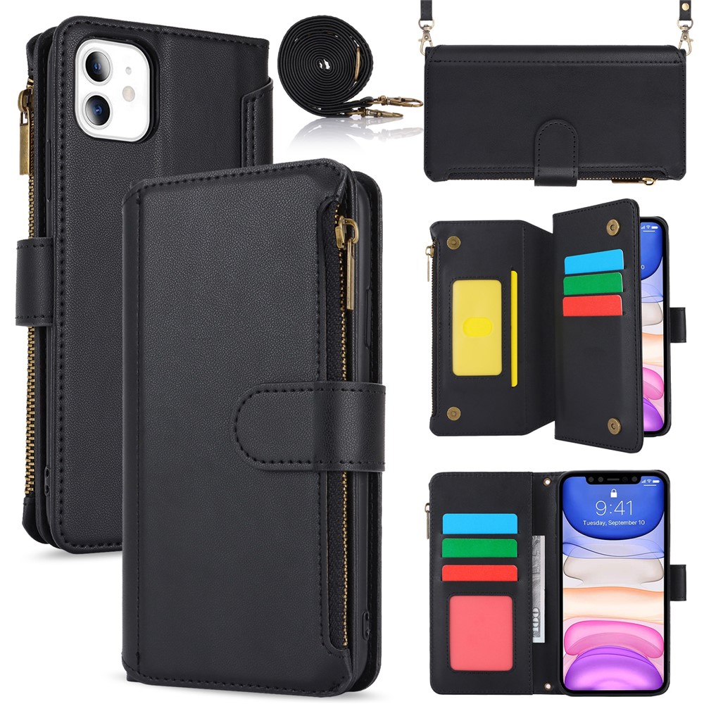 Cell Phone Case for iPhone 11 Card Slots PU Leather Cover with Zipper Pocket - Black