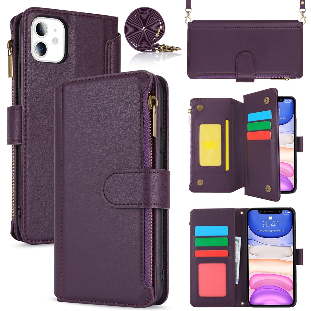 Cell Phone Case for iPhone 11 Card Slots PU Leather Cover with Zipper Pocket - Dark Purple