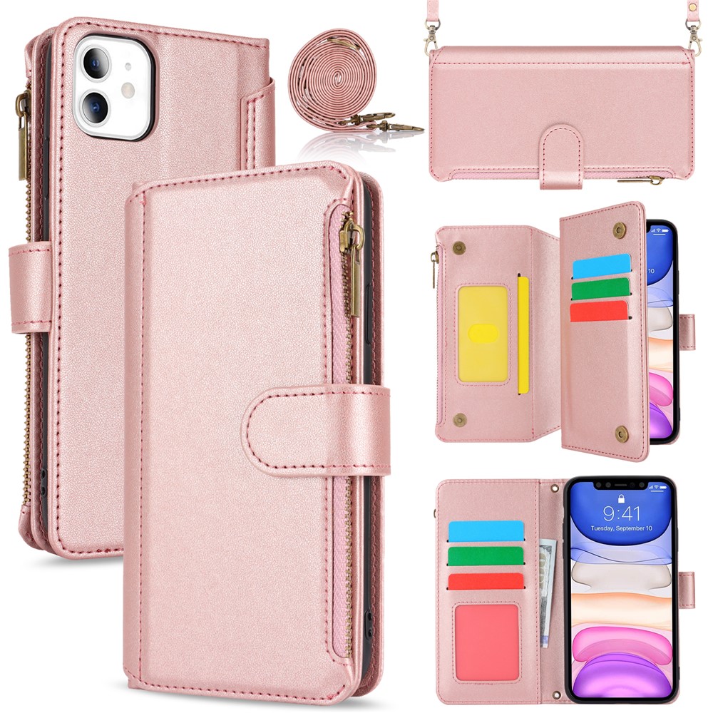 Cell Phone Case for iPhone 11 Card Slots PU Leather Cover with Zipper Pocket - Rose Gold