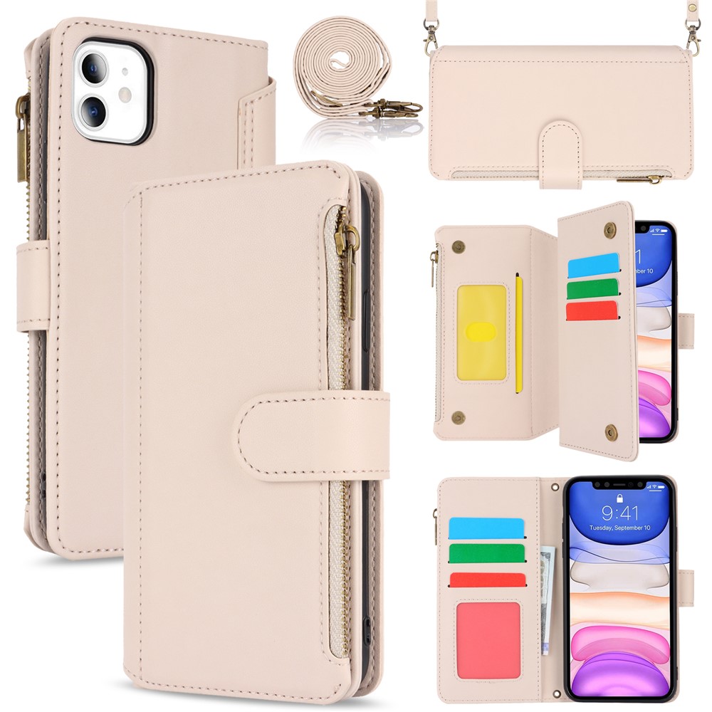 Cell Phone Case for iPhone 11 Card Slots PU Leather Cover with Zipper Pocket - White