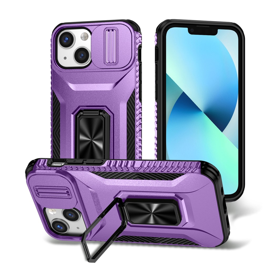For iPhone 12 mini / 13 mini Phone Case Rotate Ring Kickstand Cover Slide Lens Protection - Purple