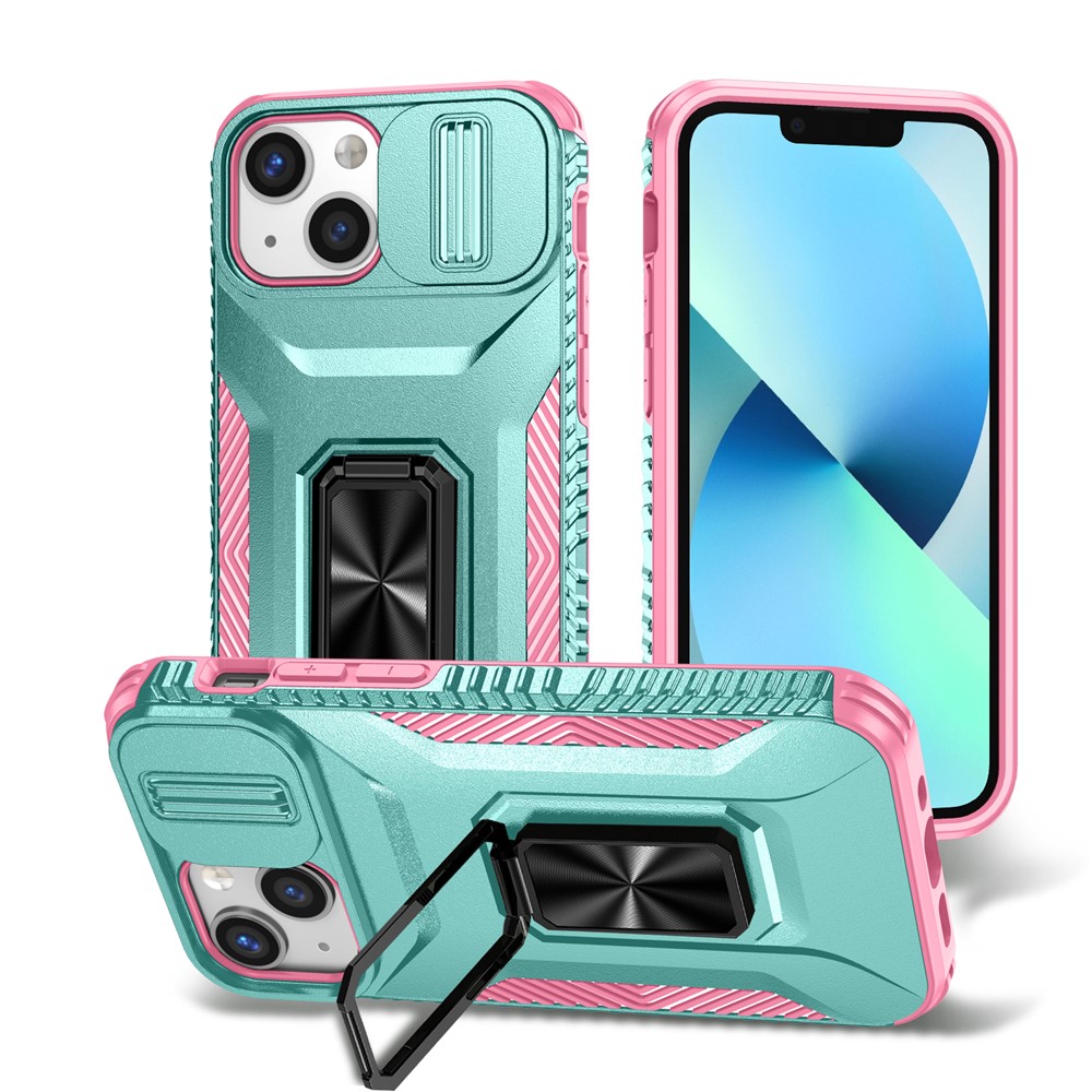 For iPhone 12 mini / 13 mini Phone Case Rotate Ring Kickstand Cover Slide Lens Protection - Cyan+Pink