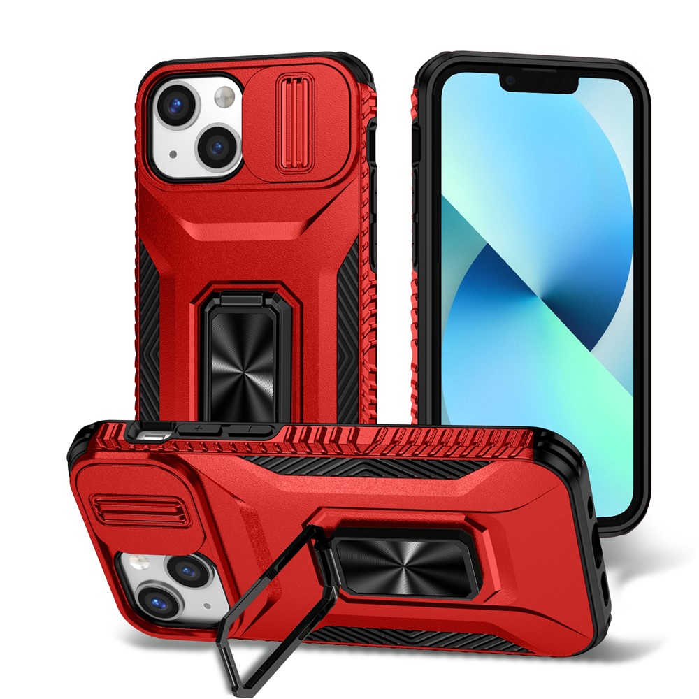 For iPhone 12 mini / 13 mini Phone Case Rotate Ring Kickstand Cover Slide Lens Protection - Red