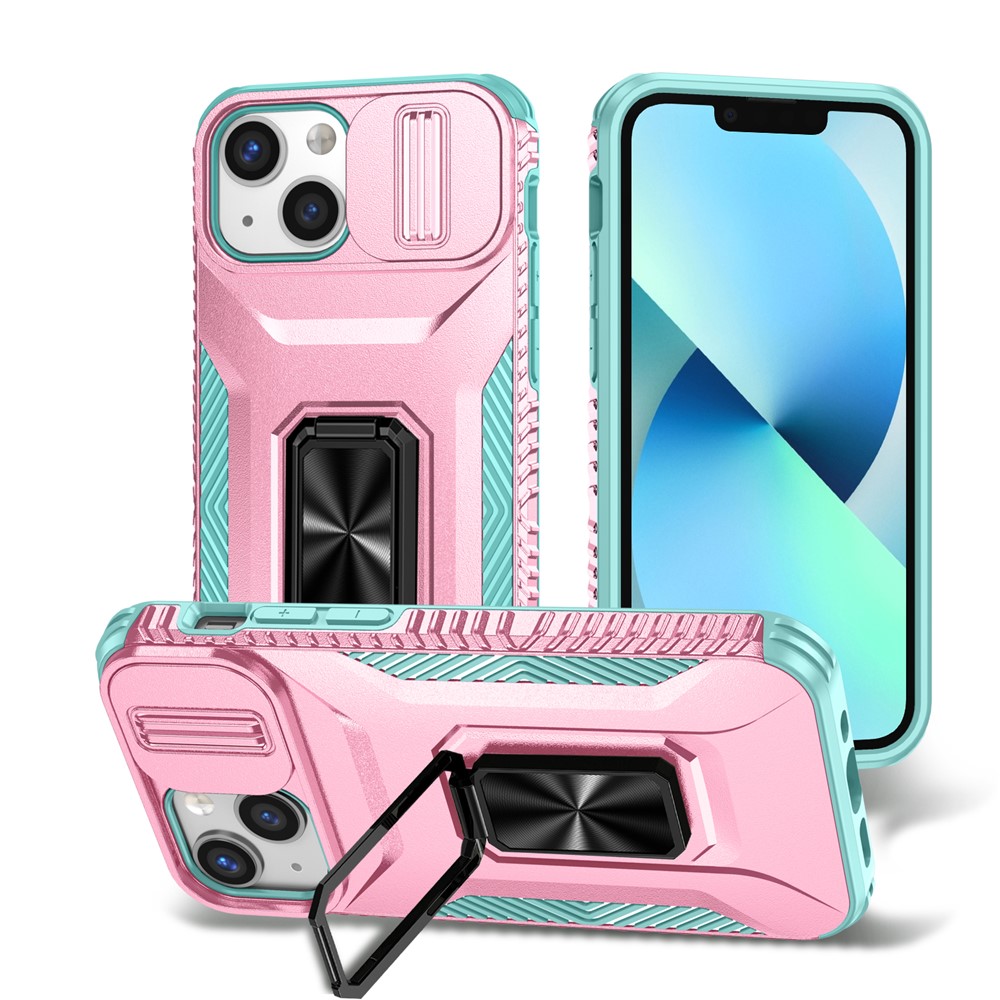 For iPhone 12 mini / 13 mini Phone Case Rotate Ring Kickstand Cover Slide Lens Protection - Pink+Cyan