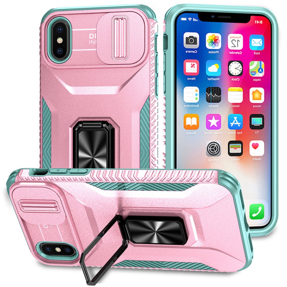 For iPhone XS Max Case with Camera Cover Kickstand Impact-Resistant Phone Protector - Pink+Cyan