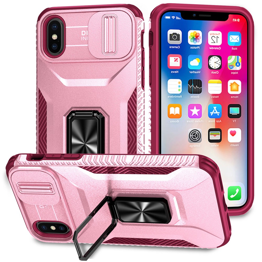 For iPhone XS Max Case with Camera Cover Kickstand Impact-Resistant Phone Protector - Pink+Rose