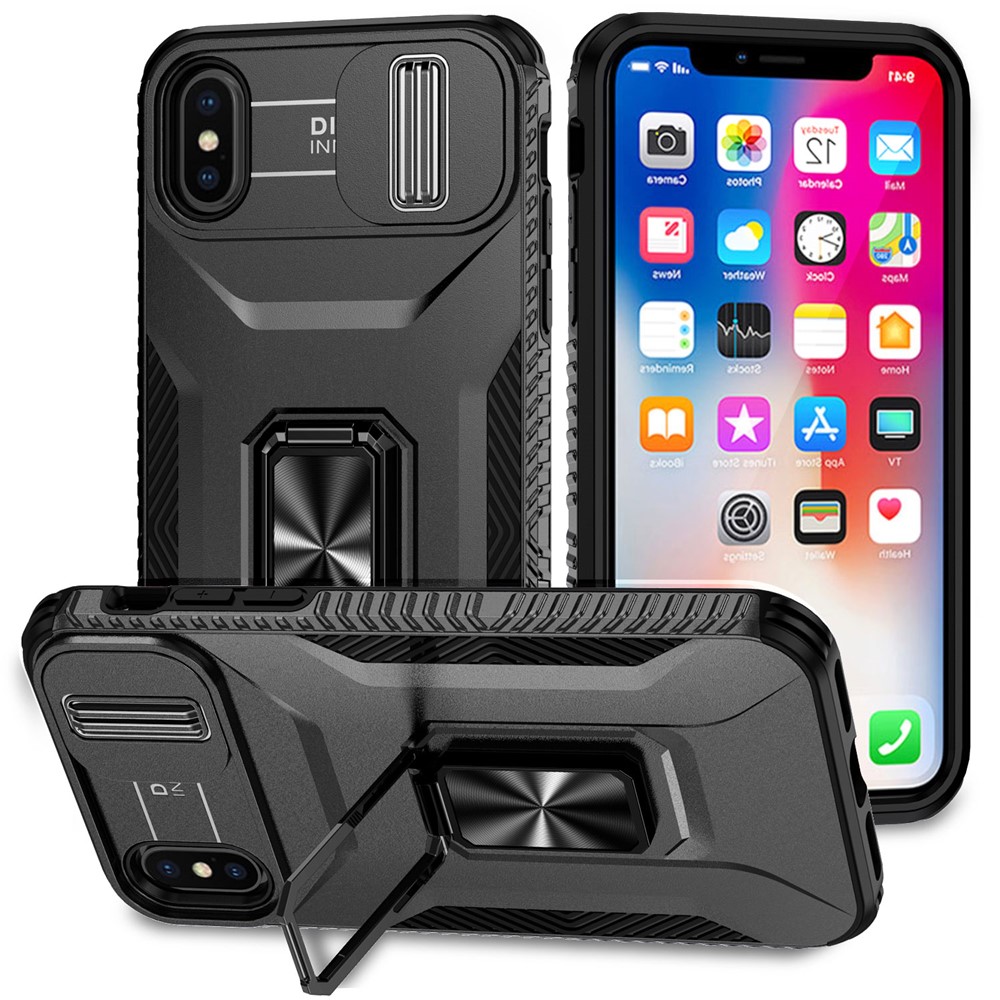 For iPhone XS Max Case with Camera Cover Kickstand Impact-Resistant Phone Protector - Black