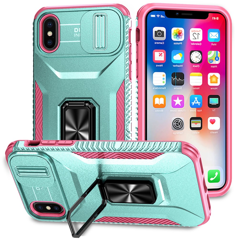 For iPhone XS Max Case with Camera Cover Kickstand Impact-Resistant Phone Protector - Cyan+Pink
