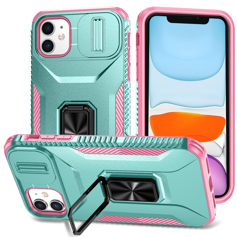 For iPhone 11 Case Scratch-resistant PC+TPU Slide Lens Lid Kickstand Phone Cover - Cyan+Pink