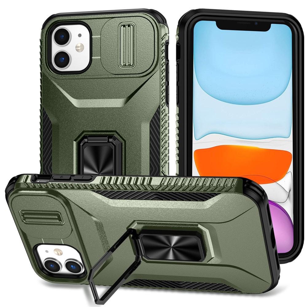 For iPhone 11 Case Scratch-resistant PC+TPU Slide Lens Lid Kickstand Phone Cover - Green