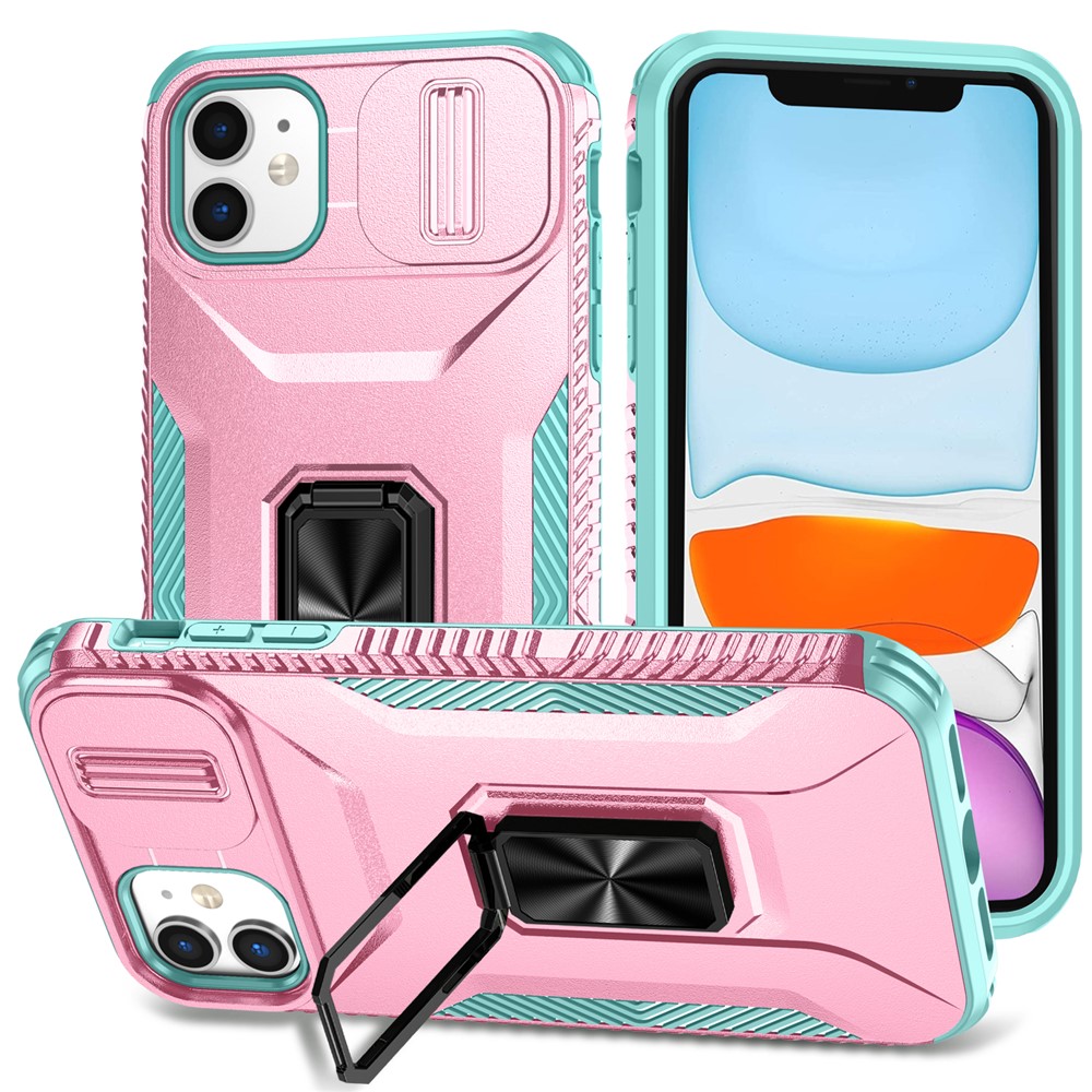For iPhone 11 Case Scratch-resistant PC+TPU Slide Lens Lid Kickstand Phone Cover - Pink+Cyan