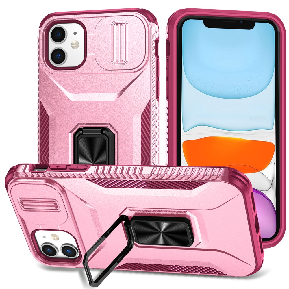 For iPhone 11 Case Scratch-resistant PC+TPU Slide Lens Lid Kickstand Phone Cover - Pink+Rose