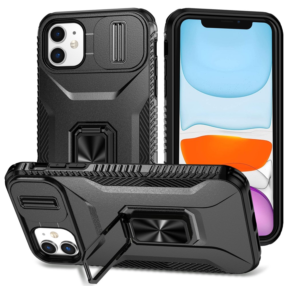 For iPhone 11 Case Scratch-resistant PC+TPU Slide Lens Lid Kickstand Phone Cover - Black
