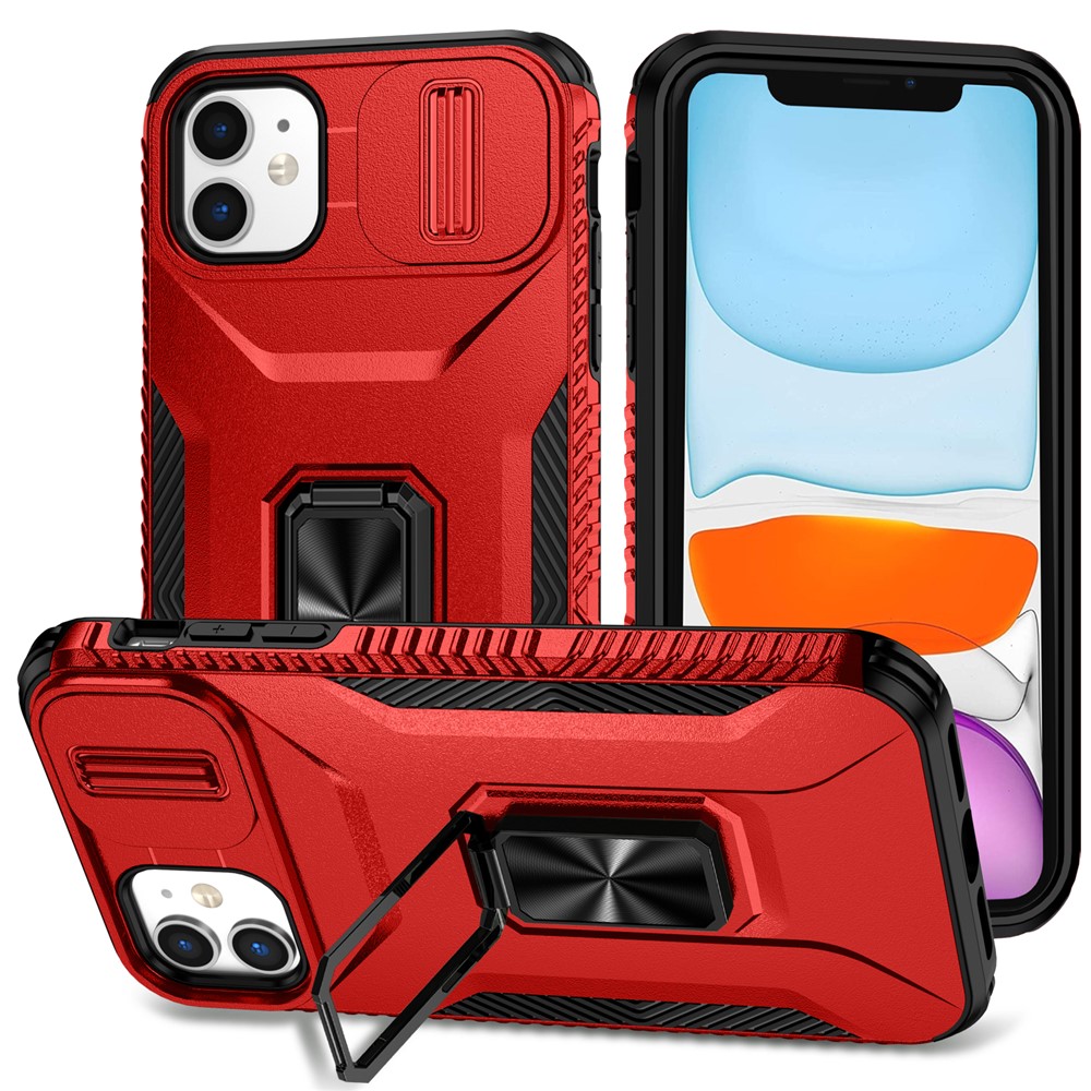 For iPhone 11 Case Scratch-resistant PC+TPU Slide Lens Lid Kickstand Phone Cover - Red