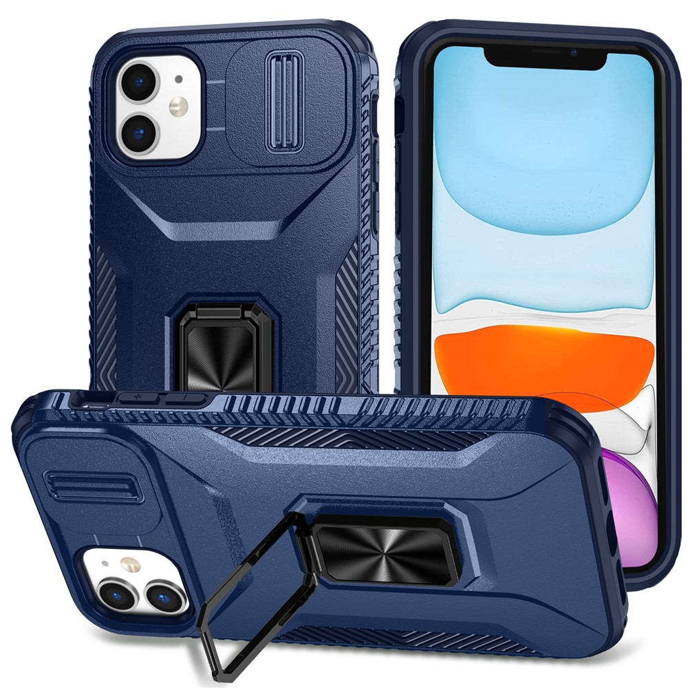 For iPhone 11 Case Scratch-resistant PC+TPU Slide Lens Lid Kickstand Phone Cover - Blue