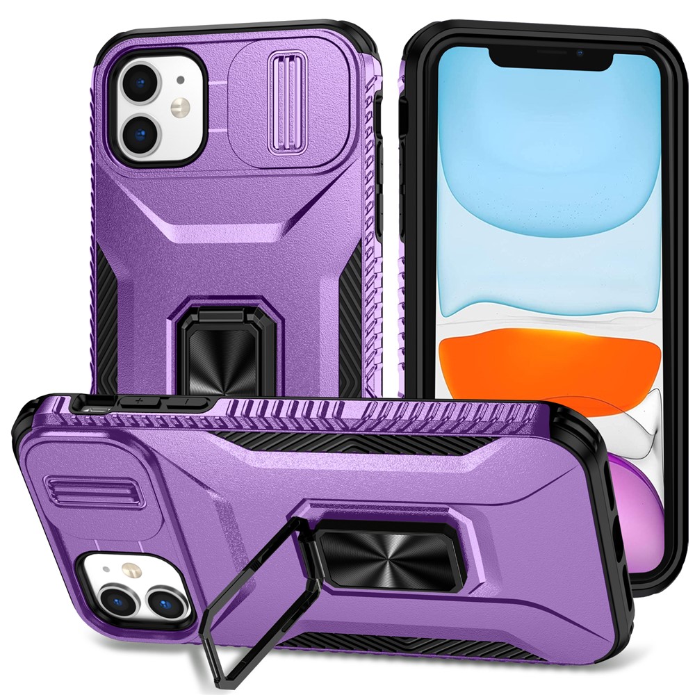 For iPhone 11 Case Scratch-resistant PC+TPU Slide Lens Lid Kickstand Phone Cover - Purple
