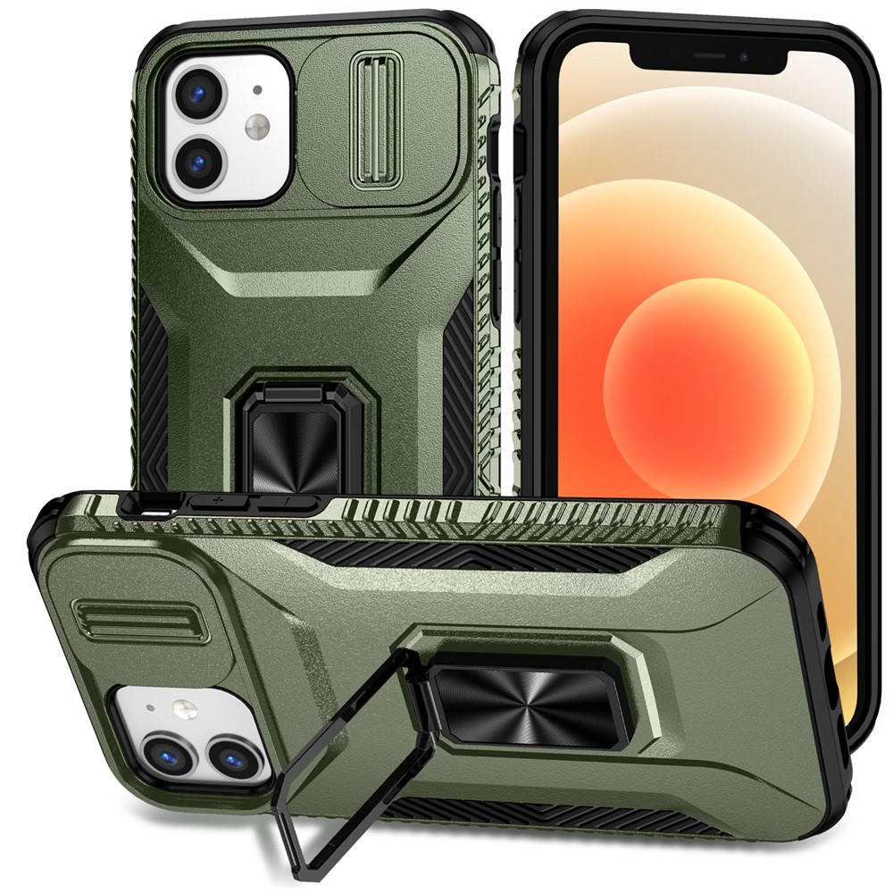 Anti-fall Phone Case for iPhone 12 6.1 inch / 12 Pro 6.1 inch Shell Rotate Kickstand Slide Lens Window Cover - Green