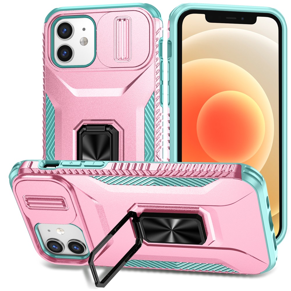 Anti-fall Phone Case for iPhone 12 6.1 inch / 12 Pro 6.1 inch Shell Rotate Kickstand Slide Lens Window Cover - Pink+Cyan