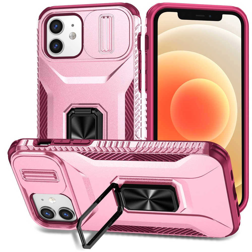 Anti-fall Phone Case for iPhone 12 6.1 inch / 12 Pro 6.1 inch Shell Rotate Kickstand Slide Lens Window Cover - Pink+Rose