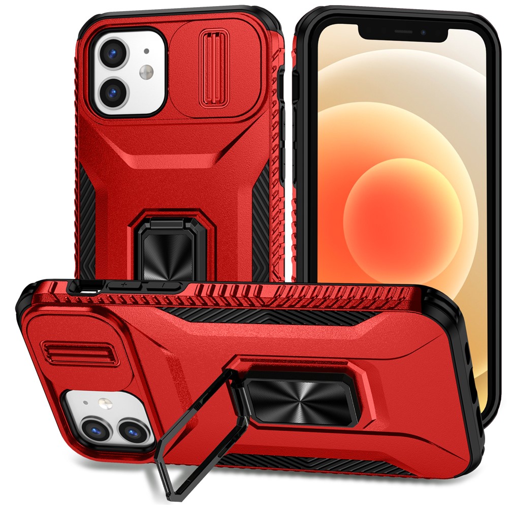 Anti-fall Phone Case for iPhone 12 6.1 inch / 12 Pro 6.1 inch Shell Rotate Kickstand Slide Lens Window Cover - Red
