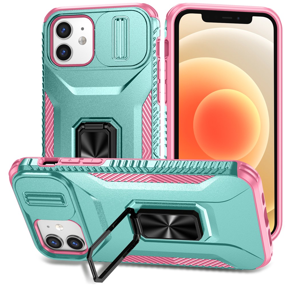 Anti-fall Phone Case for iPhone 12 6.1 inch / 12 Pro 6.1 inch Shell Rotate Kickstand Slide Lens Window Cover - Cyan+Pink