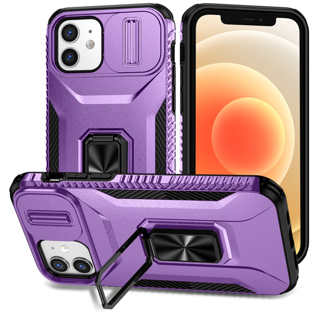 Anti-fall Phone Case for iPhone 12 6.1 inch / 12 Pro 6.1 inch Shell Rotate Kickstand Slide Lens Window Cover - Purple