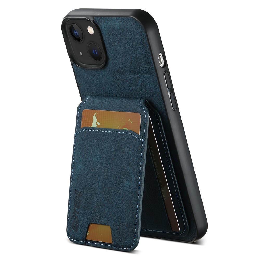 SUTENI H02 For iPhone 14 Plus Cell Phone Case Litchi Texture Anti-fall Leather Protective Back Shell - Blue