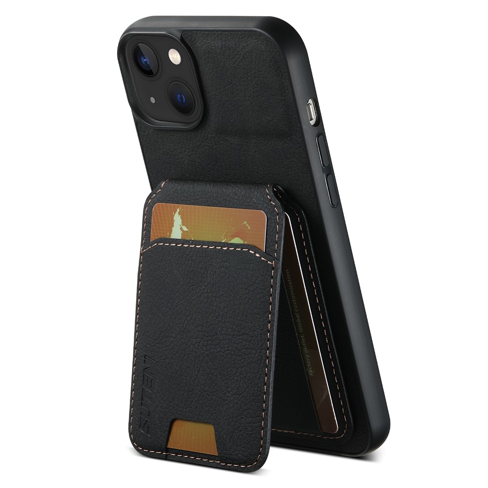 SUTENI H02 For iPhone 14 Plus Cell Phone Case Litchi Texture Anti-fall Leather Protective Back Shell - Black