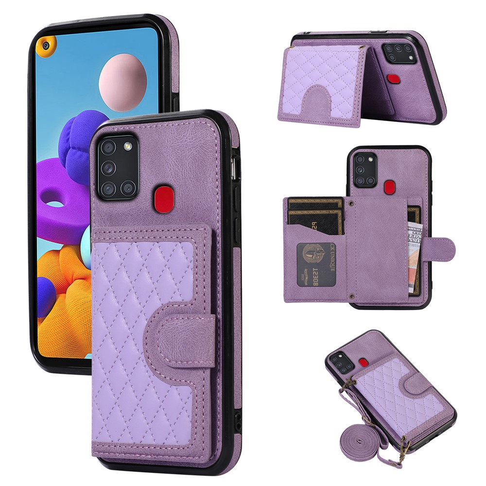 For Samsung Galaxy A21s Phone Case TPU+PU Leather Phone Cover with Card Holder - Purple