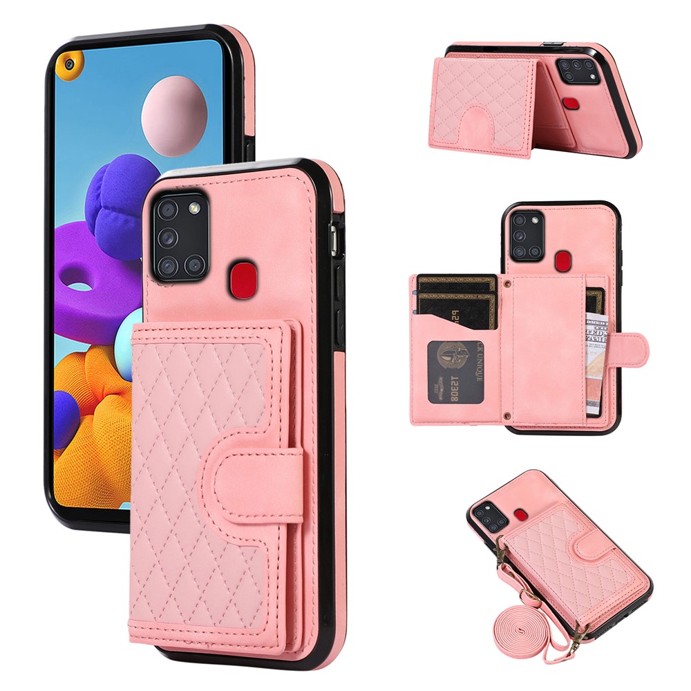 For Samsung Galaxy A21s Phone Case TPU+PU Leather Phone Cover with Card Holder - Rose Gold