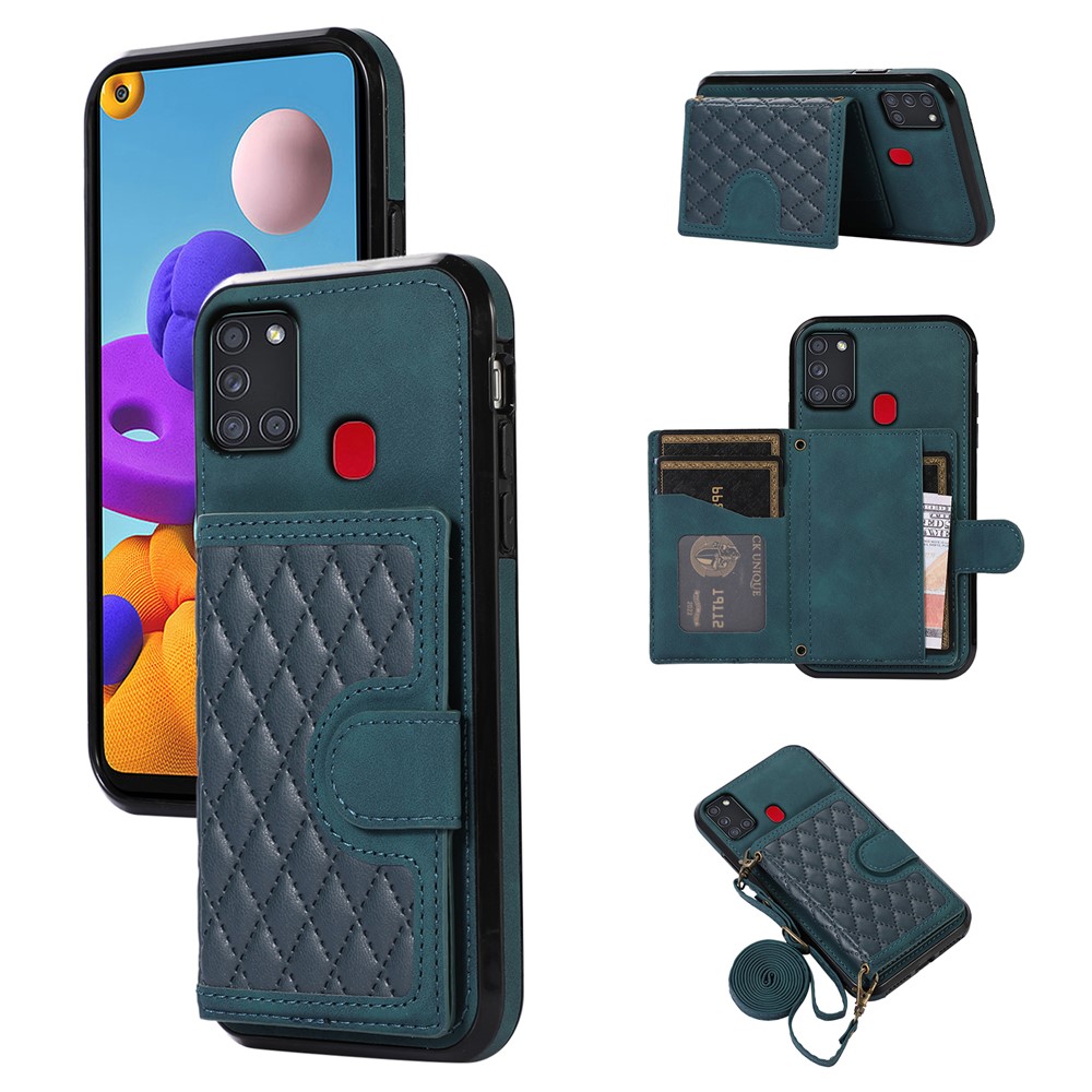 For Samsung Galaxy A21s Phone Case TPU+PU Leather Phone Cover with Card Holder - Green