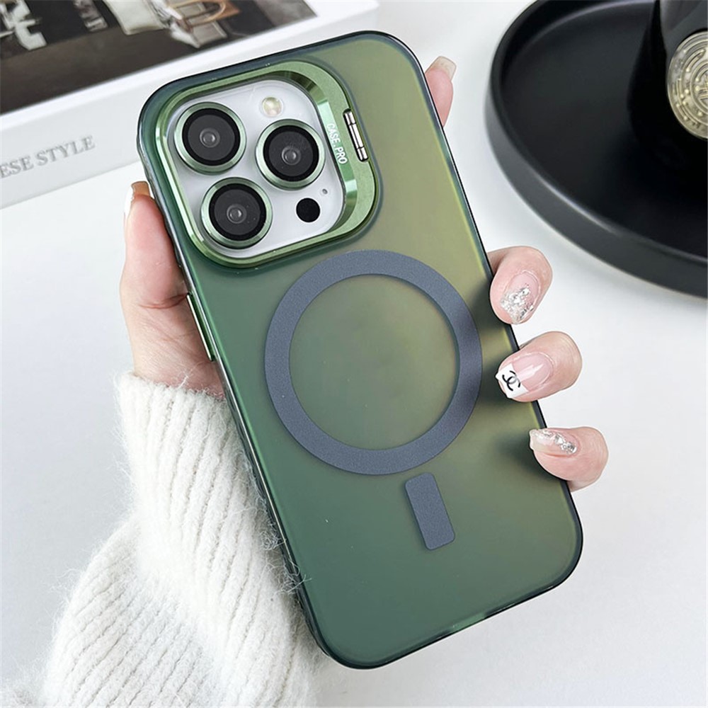 For iPhone 12 / 12 Pro Case Camera Kickstand IMD PC+TPU Phone Cover Compatible with MagSafe - Green