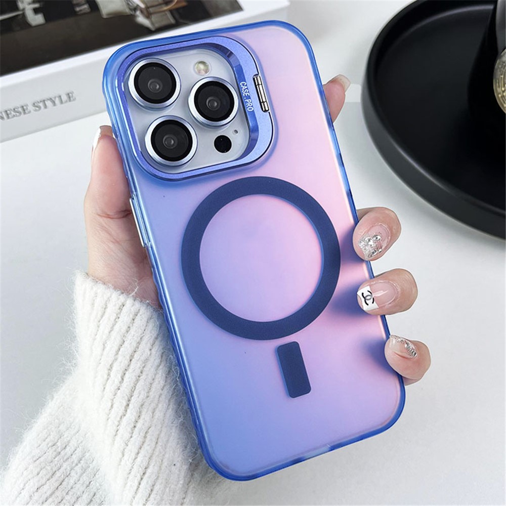 For iPhone 12 / 12 Pro Case Camera Kickstand IMD PC+TPU Phone Cover Compatible with MagSafe - Blue
