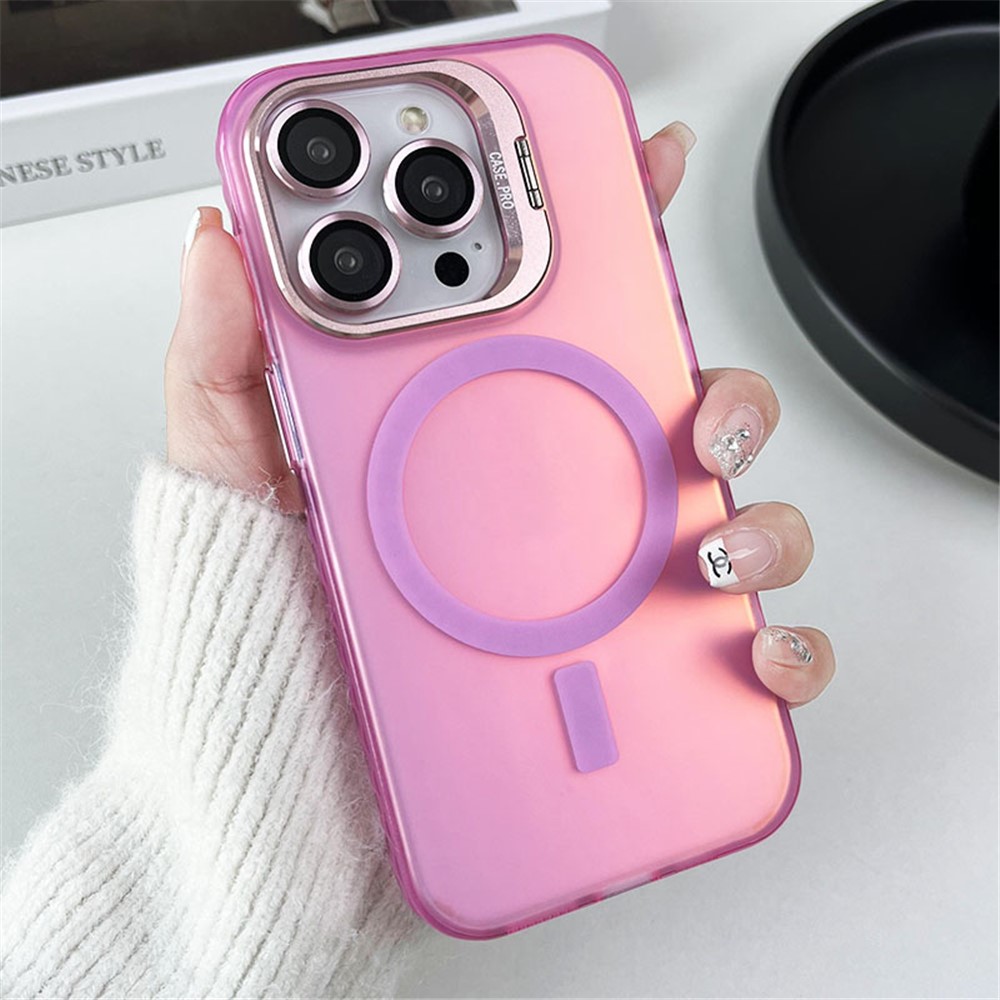 For iPhone 12 / 12 Pro Case Camera Kickstand IMD PC+TPU Phone Cover Compatible with MagSafe - Pink