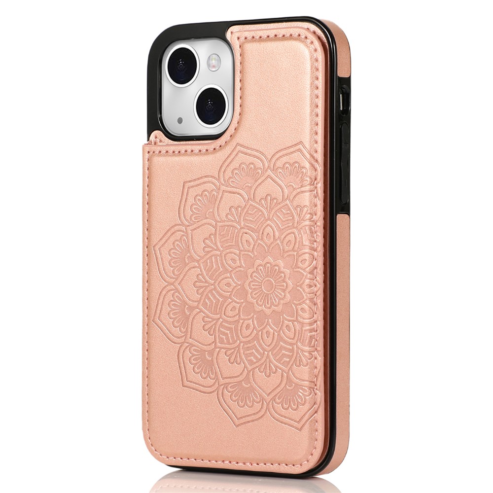 For iPhone 14 Plus Cell Phone Case Imprinted Mandala Flower PU Leather+TPU Back Shell - Rose Gold