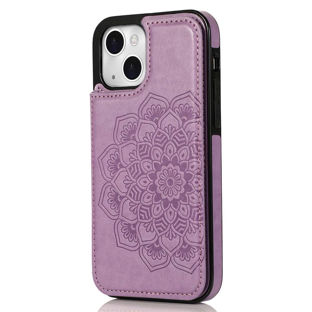 For iPhone 14 Plus Cell Phone Case Imprinted Mandala Flower PU Leather+TPU Back Shell - Purple