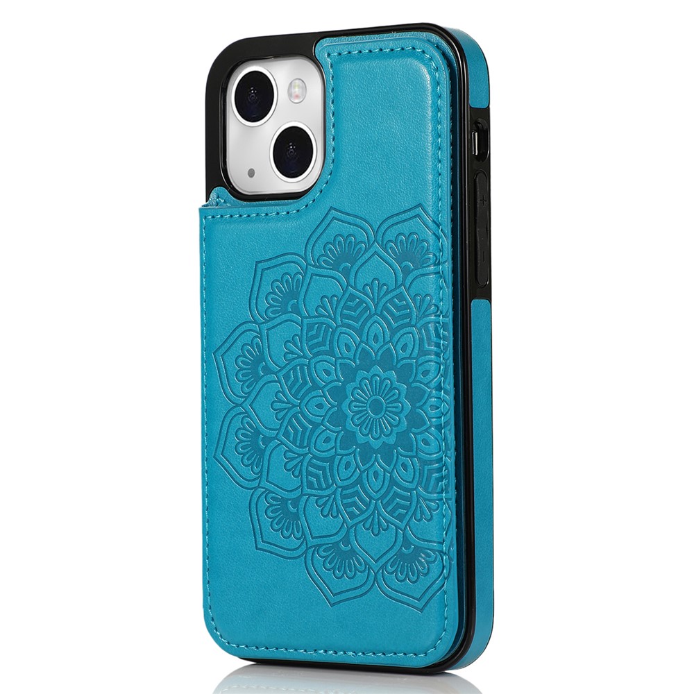 For iPhone 14 Plus Cell Phone Case Imprinted Mandala Flower PU Leather+TPU Back Shell - Blue