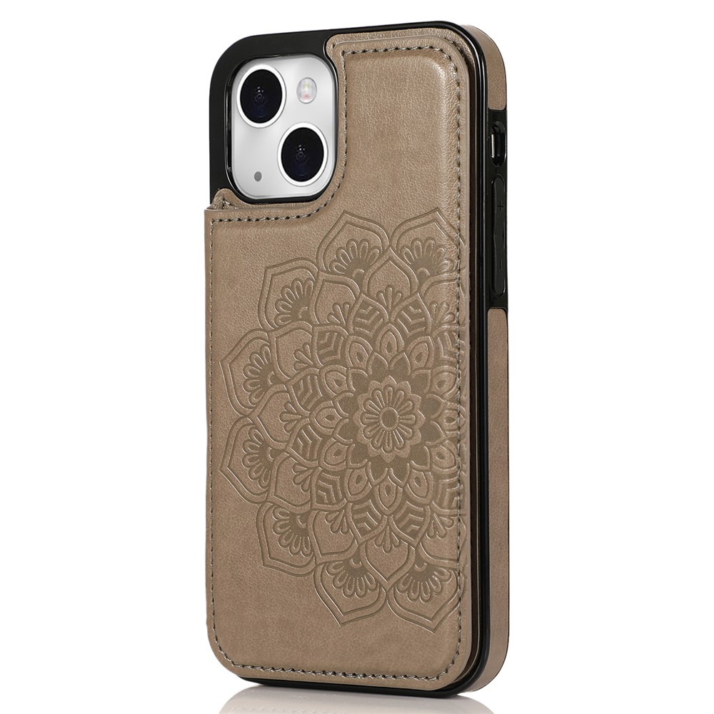 For iPhone 14 Plus Cell Phone Case Imprinted Mandala Flower PU Leather+TPU Back Shell - Grey