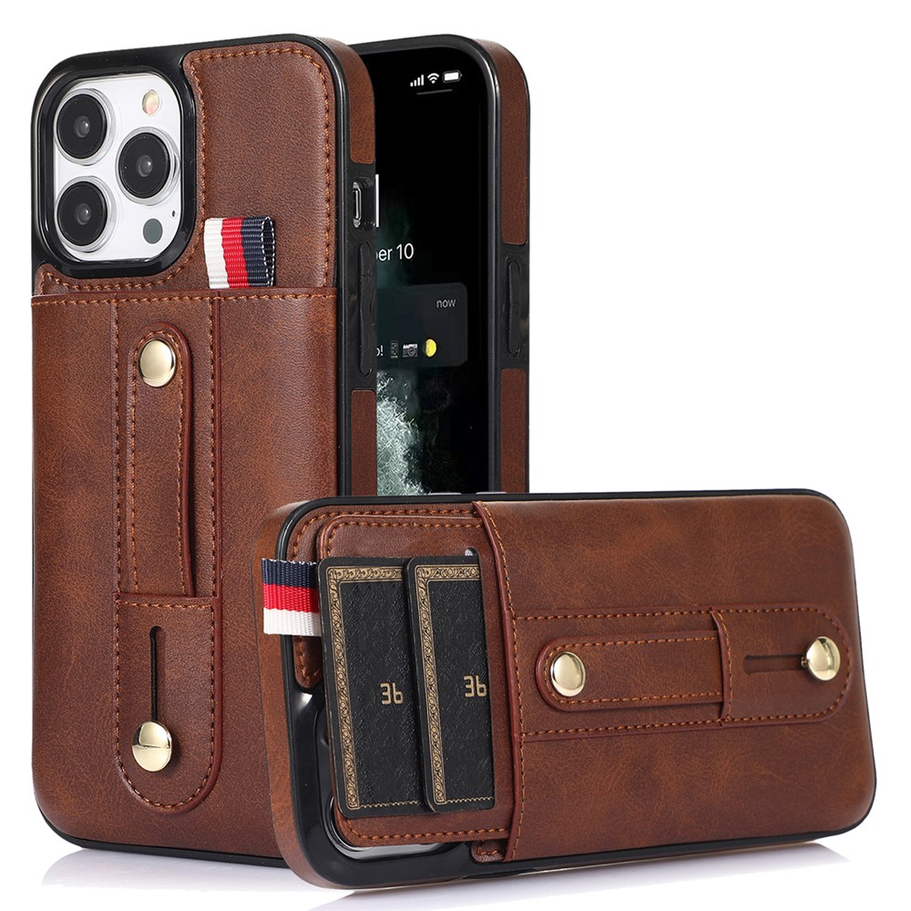 For iPhone 12 / 12 Pro 6.1 inch Cell Phone Case Retro PU Leather+TPU Cover with Retractable Strap Kickstand - Brown