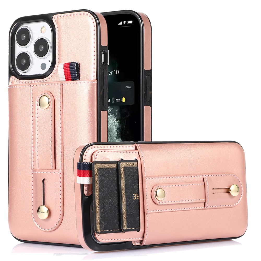 For iPhone 12 / 12 Pro 6.1 inch Cell Phone Case Retro PU Leather+TPU Cover with Retractable Strap Kickstand - Rose Gold