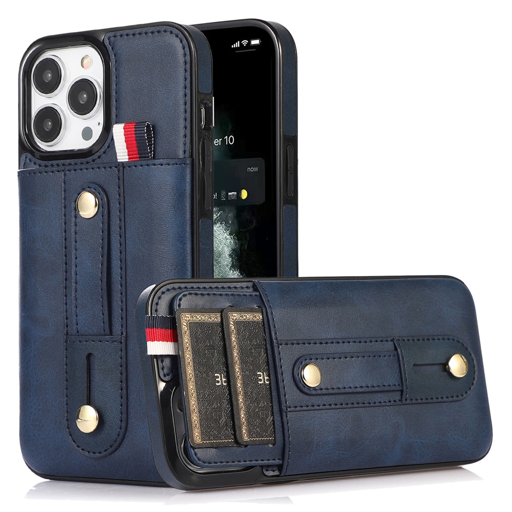 For iPhone 12 / 12 Pro 6.1 inch Cell Phone Case Retro PU Leather+TPU Cover with Retractable Strap Kickstand - Blue