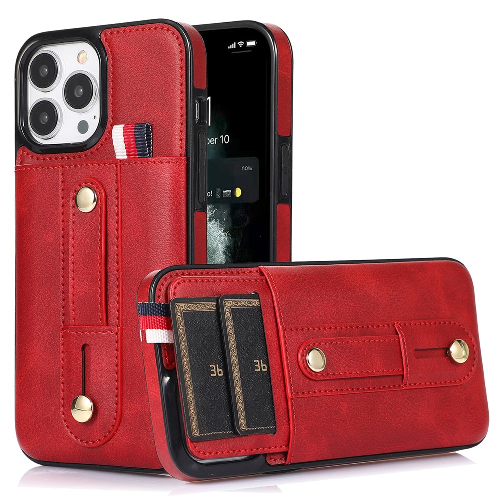 For iPhone 12 / 12 Pro 6.1 inch Cell Phone Case Retro PU Leather+TPU Cover with Retractable Strap Kickstand - Red